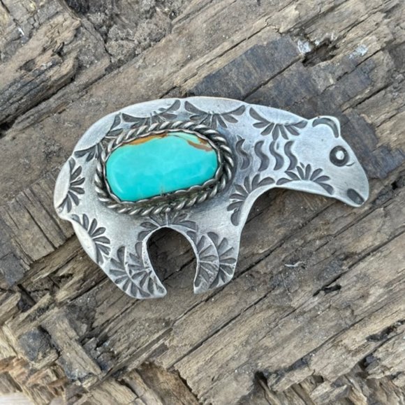 Signed AJC Native American Navajo Sterling Silver Turquoise Bear Pin - Picture 4 of 14